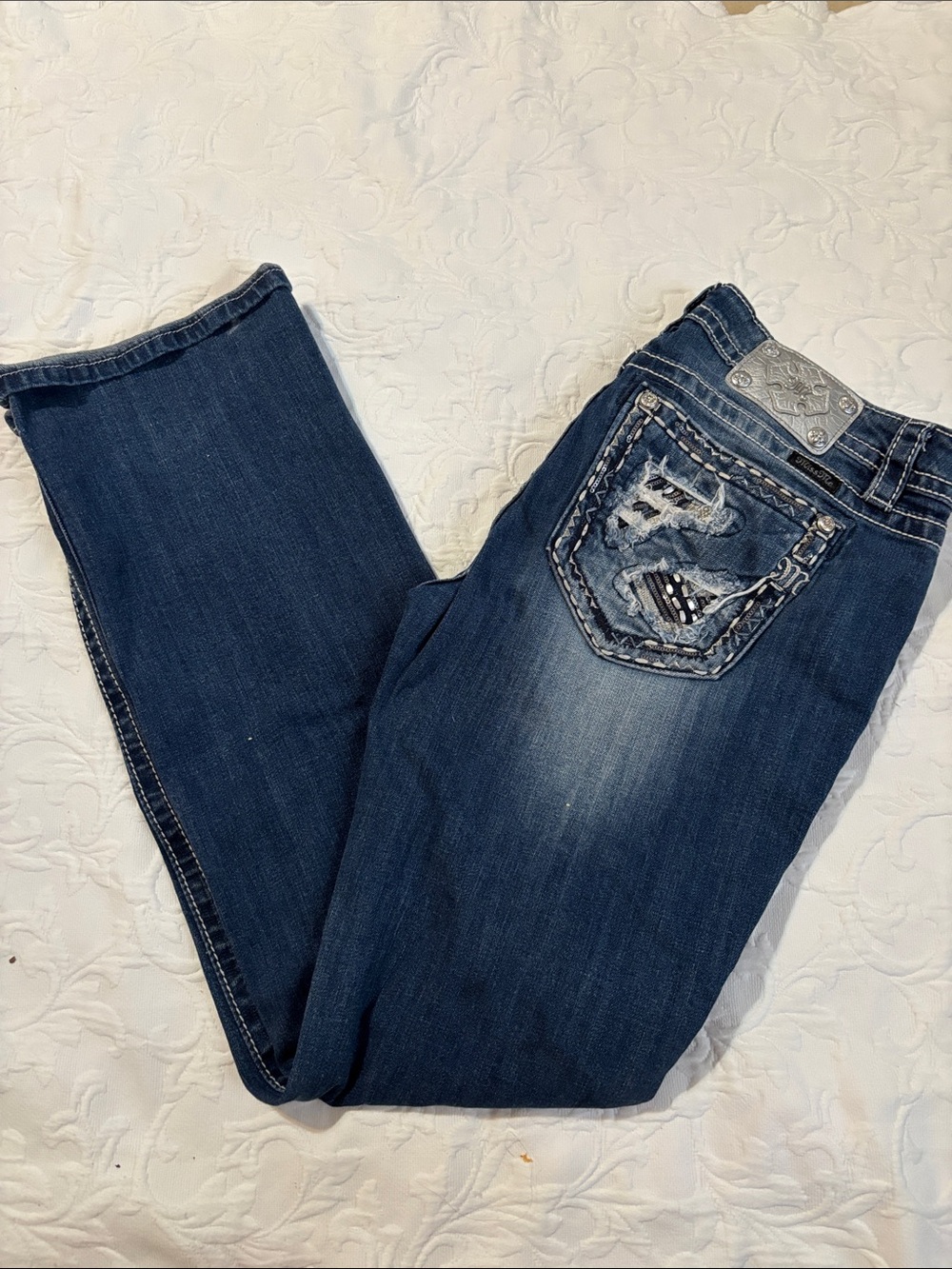 Miss Me Dark Blue Boot Cut Jeans with Embellished Back Pocket
